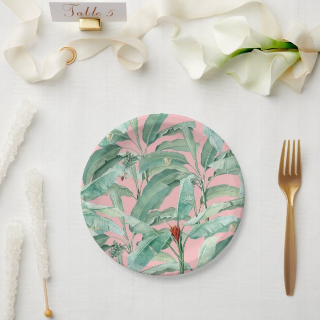 Pink Modern Watercolor Tropical Banana Palm Leaves Paper Plate (Wedding)