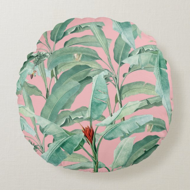 Pink Modern Watercolor Tropical Banana Palm Leaves Round Cushion (Front)