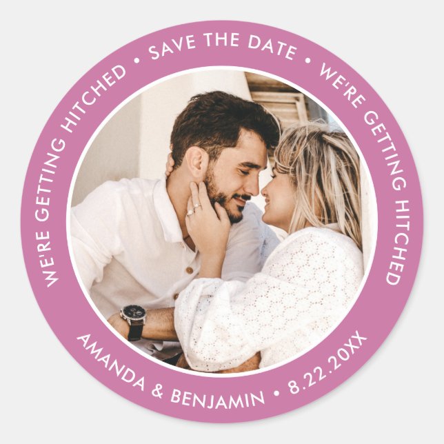 Pink Modern Wedding Photo Save The Date Classic Round Sticker (Front)