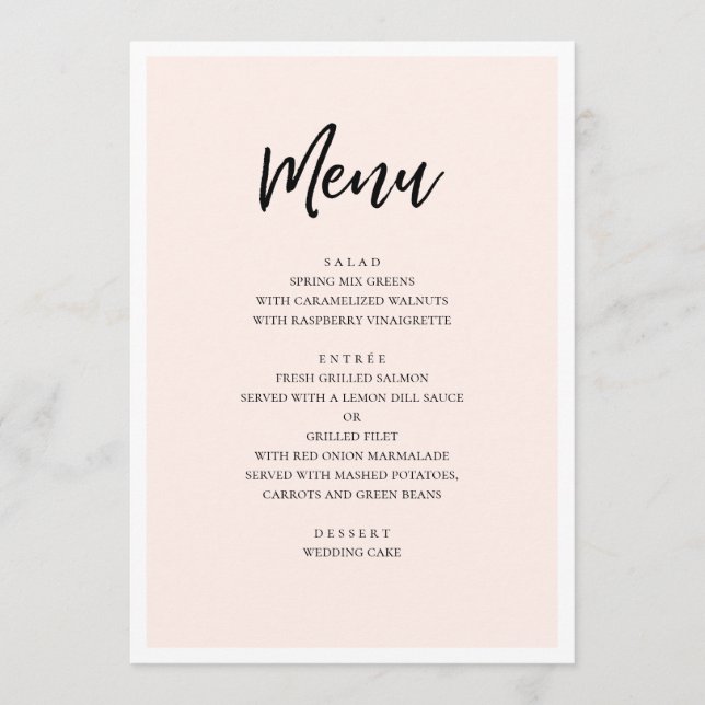 Pink modern wedding. Simple blush minimalist Menu (Front)