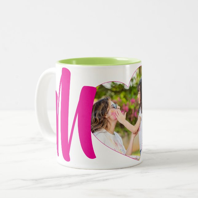 Pink "MoM" Photo Heart Personalised Two-Tone Coffee Mug (Front Left)