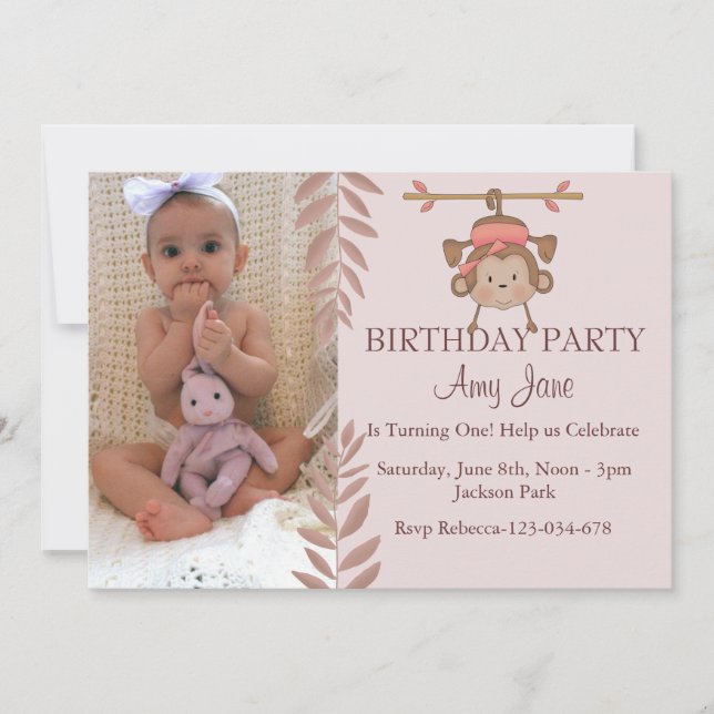 Pink Monkey Birthday Invitation (Front)