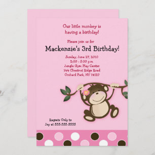 Pink Monkey Girl Birthday Invitation