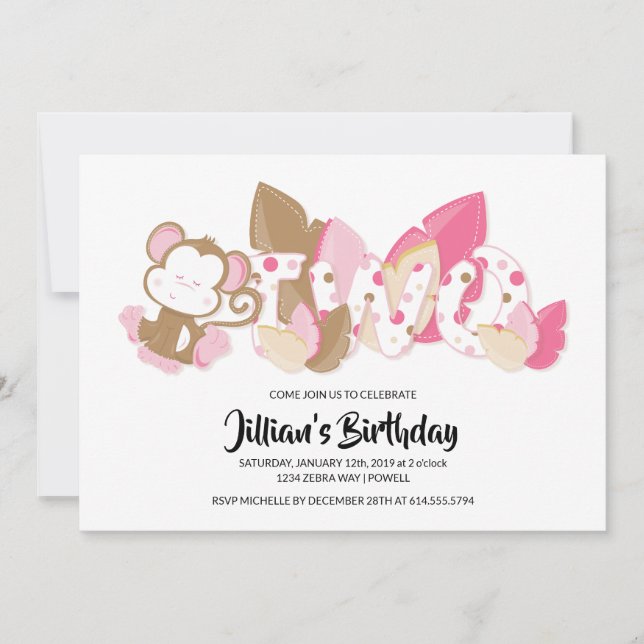 Pink Monkey Second Birthday Party Invitation (Front)