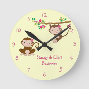 Pink Monkey Sisters Personalised Shared Bedroom Round Clock