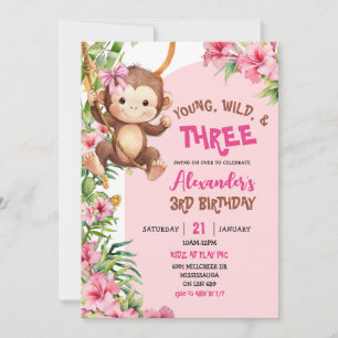 Pink Monkey Young Wild Three Third Birthday Invitation