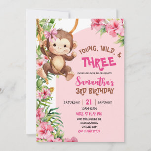 Pink Monkey Young Wild Three Third Birthday Invitation
