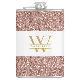 Pink Monogram and Name Rose Gold Glitter Hip Flask