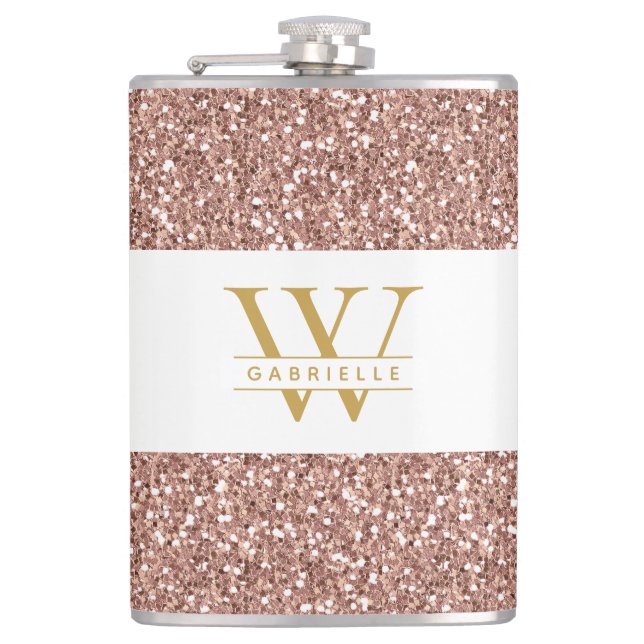 Pink Monogram and Name Rose Gold Glitter Hip Flask (Front)