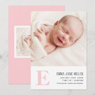Pink Monogram Baby Birth Announcement Photo Card