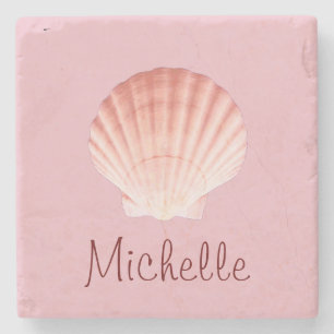 Pink Monogram Beach Scallop Sea Shell Stone Coaster