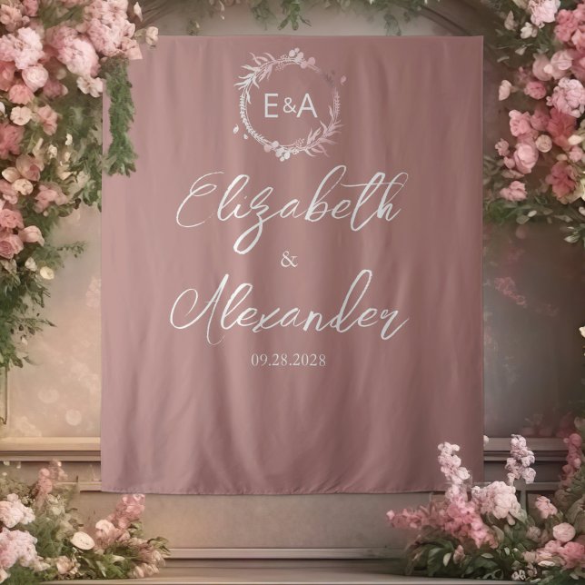 Pink Monogram Calligraphy Wedding Backdrop Tapestry (Creator Uploaded)