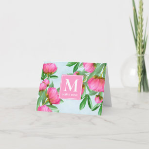 Pink Monogram Custom Floral Greenery Peonies Note Card
