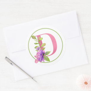 PINK MONOGRAM D WITH SUMMER FLOWERS CLASSIC ROUND STICKER