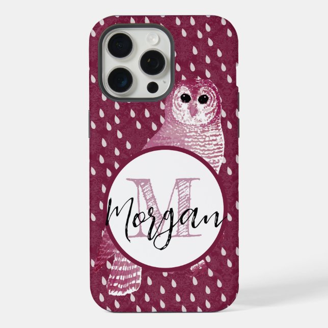 Pink Monogram Damask Owl Personalised  iPhone Case (Back)