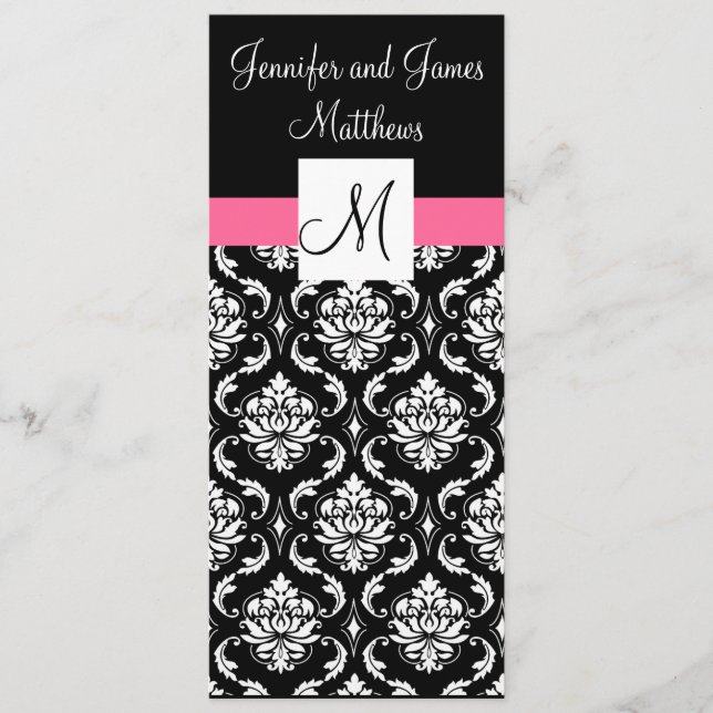 Pink Monogram Damask Wedding Dinner Menus (Front)