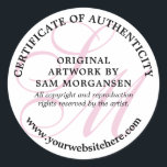 Pink Monogram Elegant Certificate of Authenticity Classic Round Sticker<br><div class="desc">Elegant round certificate of authenticity stickers with black text and your monogram in light pink. Personalised certificate of authenticity stickers with your name,  monogram,  and website. Elegant monogrammed certificate of authenticity stickers for her with the artist's initials in light pink beneath the text.</div>
