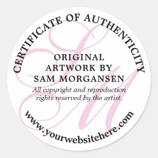 Pink Monogram Elegant Certificate of Authenticity Classic Round Sticker
