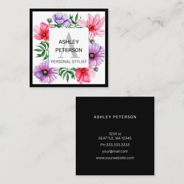 Pink Monogram Floral Girly Cute Personalised Square Business Card (Front/Back)