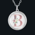 Pink Monogram Floral Letter B Watercolor Bouquet Silver Plated Necklace<br><div class="desc">Monogram necklace with your initial in pretty glitter and watercolor flowers. The floral letter B is designed in dusty pink glitter, embellished with a bouquet of pink and ivory flowers and greenery. A lovely gift for any woman and any occasion. Also a lovely idea as a wedding favour, for bridesmaids...</div>