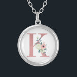 Pink Monogram Floral Letter K Watercolor Bouquet Silver Plated Necklace<br><div class="desc">Monogram necklace with your initial in pretty glitter and watercolor flowers. The floral letter K is designed in dusty pink glitter, embellished with a bouquet of pink and ivory flowers and greenery. A lovely gift for any woman and any occasion. Also a lovely idea as a wedding favour, for bridesmaids...</div>