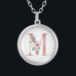 Pink Monogram Floral Letter M Watercolor Bouquet Silver Plated Necklace<br><div class="desc">Monogram necklace with your initial in pretty glitter and watercolor flowers. The floral letter M is designed in dusty pink glitter, embellished with a bouquet of pink and ivory flowers and greenery. A lovely gift for any woman and any occasion. Also a lovely idea as a wedding favour, for bridesmaids...</div>