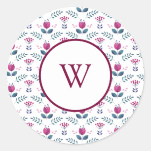 Pink Monogram Floral watercolor design Classic Round Sticker