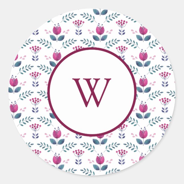 Pink Monogram Floral watercolor design Classic Round Sticker (Front)