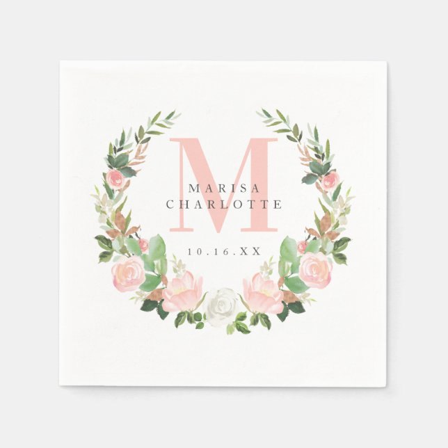 Pink Monogram Floral Wreath Baptism Dedication Napkin (Front)
