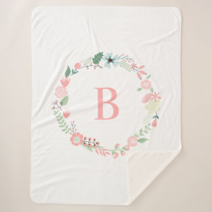 Pink Monogram Floral Wreath Sherpa Blanket