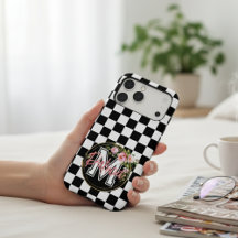 pink Monogram Flower black and white Chequered Cas