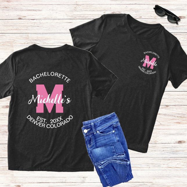Pink Monogram Front & Back Bachelorette Bride Tri-Blend Shirt (Creator Uploaded)