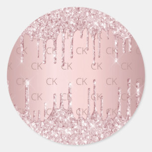 Pink monogram glitter drips dusty rose classic round sticker