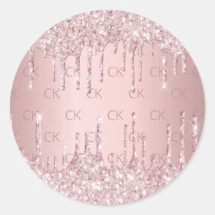 Pink monogram glitter drips dusty rose luxury  classic round sticker