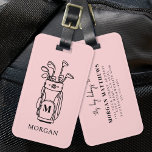Pink Monogram Golf Bag Luggage Tag<br><div class="desc">This elegant monogram golf bag or luggage tag features a soft blush pink background with a simple black and white outline of a golf bag filled with clubs. The design includes a classic serif font initial monogram on the bag, with the full name displayed below in a matching serif font...</div>
