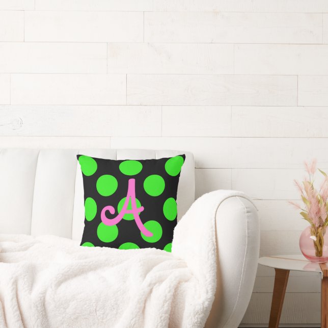 Pink Monogram Green Circles on Black Cushion (Couch)