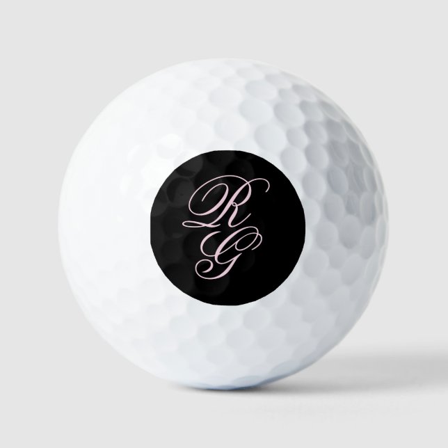 Pink Monogram Initials Script Black Golf Balls (Front)