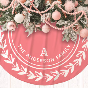 Pink Monogram Laurel Wreath Family Christmas Brushed Polyester Tree Skirt