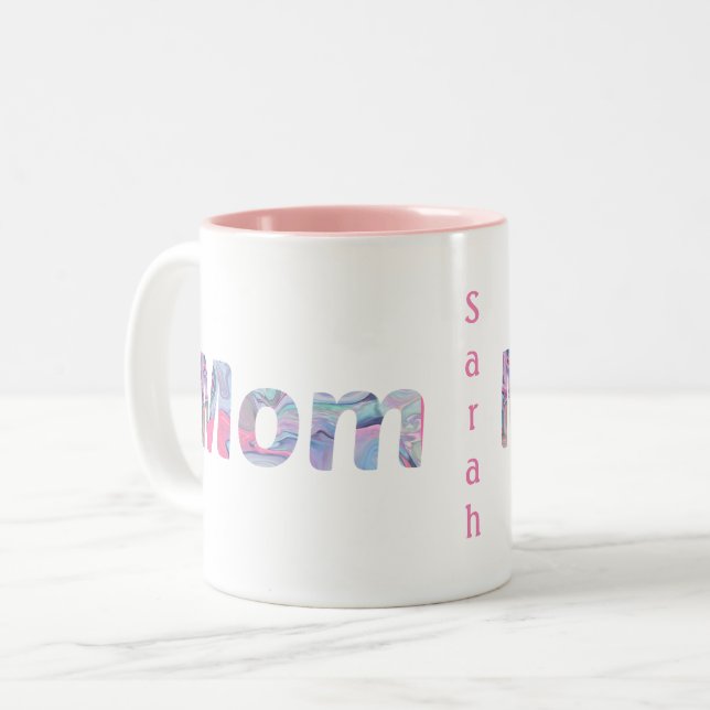 Pink Monogram Marbled Mum Two-Tone Coffee Mug (Front Left)