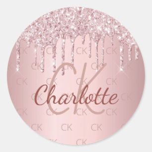 Pink monogram name dusty rose glitter drips classic round sticker