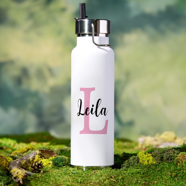 Pink Monogram Name Script Personalised Design Water Bottle (Outdoor (Rotated))