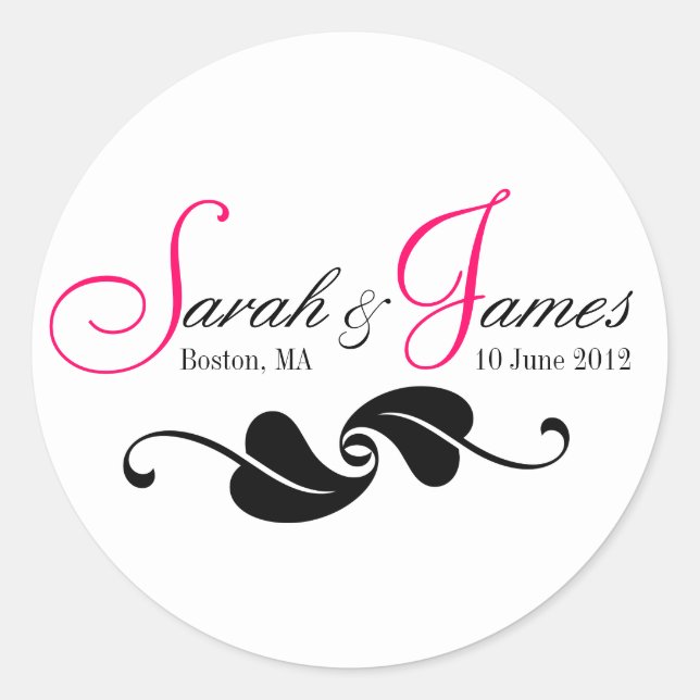 Pink Monogram Names Date Place Wedding Stickers (Front)