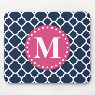 Pink Monogram Navy Quatrefoil Pattern Mouse Pad