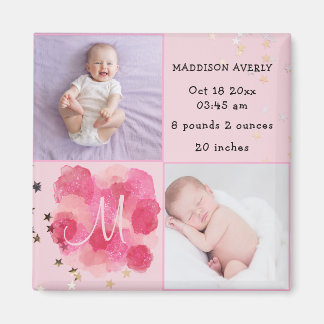 Pink Monogram Newborn Baby Girl Birth Stats    Magnet