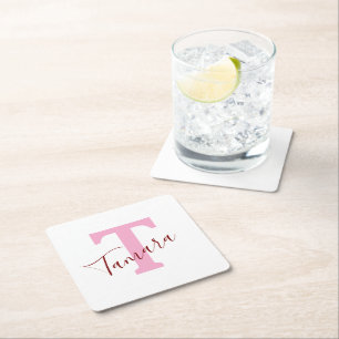 Pink Monogram Paper Coaster Custom Name