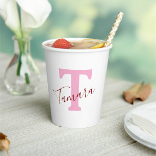 Pink Monogram Paper Cups   Custom Name