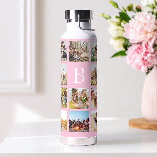 Pink Monogram Personalised 19 Photo Collage Water Bottle (Creator Uploaded)