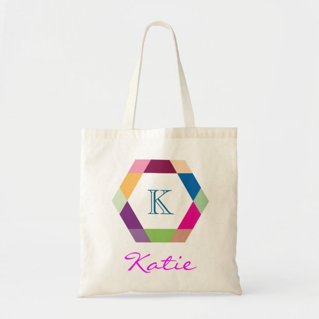 Pink Monogram Personalised Hexagon Geometry Tote Bag (Front)