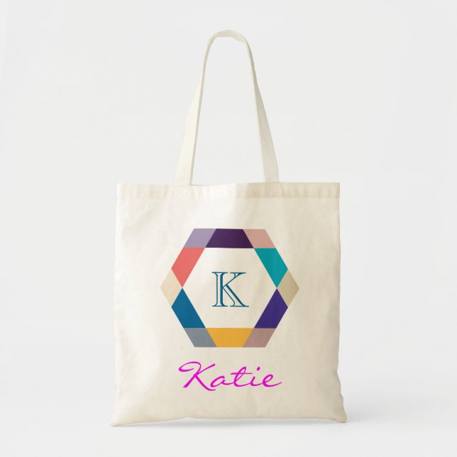Pink Monogram Personalised Hexagon Geometry Tote Bag (Front)