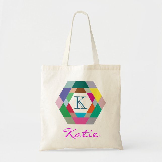 Pink Monogram Personalised Hexagon Geometry Tote Bag (Front)